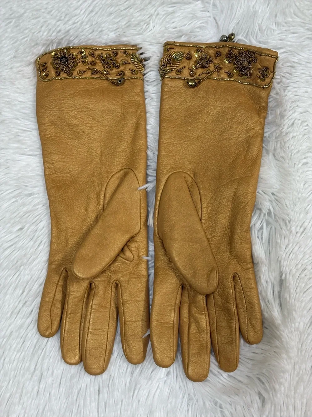 Embellished Tan Leather Women's Gloves